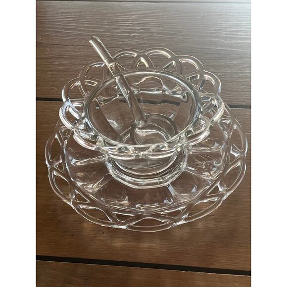Vintage Imperial Glass Crochet/Lace Condiment 3 Piece Set. Mayo.Plate Bowl Spoon - Picture 6 of 10
